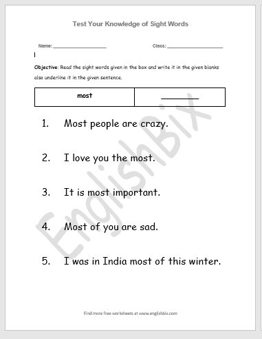 Most - Write and Underline Fry Sight Word