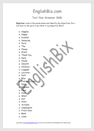 Identify The Adjective Words from the List and Tick Them