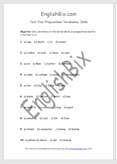 Refer Dictionary and Find the Preposition Word from Options