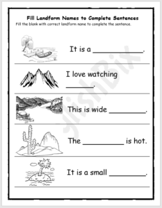 Earth Landforms Labelling Worksheet for 1st Grade - EnglishBix
