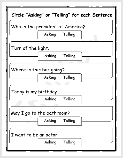 identify asking and telling sentences worksheets englishbix