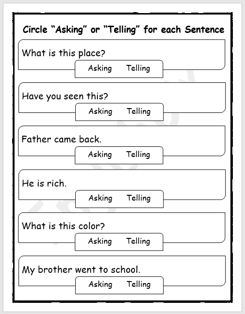 Asking And Telling Sentences Worksheets For Grade 1