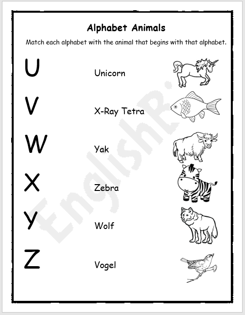 A to Z Matching Animals Activity Worksheets - EnglishBix