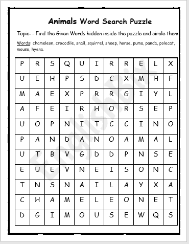 Animals Word Search Puzzles Printable Workbook - EnglishBix