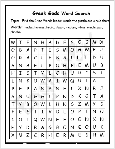 Greek God Names Word Search Printable