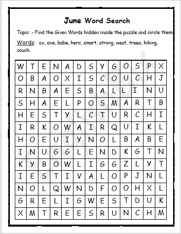 June Word Search Puzzles Printable