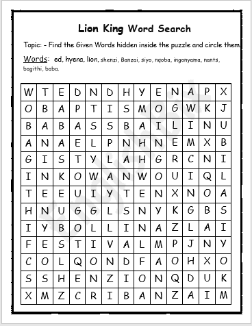 the lion king word search free printable download word