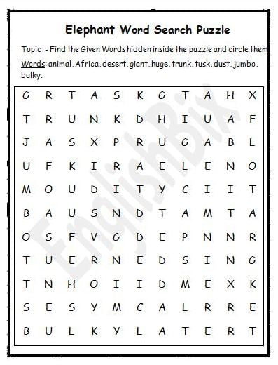 Elephant Vocabulary Words Search Printable
