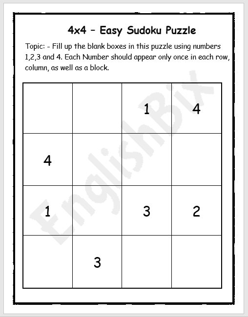 4x4 Very Easy Blank Sudoku Printables for Kindergarten EnglishBix