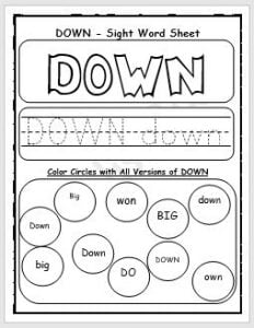 Down Sight Word Printable Worksheet - EnglishBix