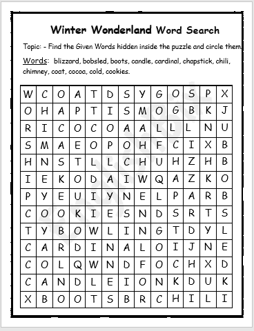 winter wonderland word search printable englishbix