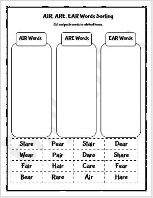 AIR, ARE, EAR Phonics Words Sorting Worksheet - EnglishBix