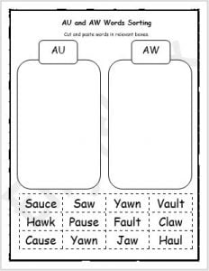 AU and AW Diphthong Words Sorting Worksheet - EnglishBix