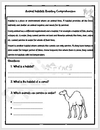 Animal Habitats Reading Comprehension Worksheet - EnglishBix