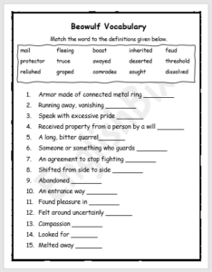 Beowulf Vocabulary Worksheet - EnglishBix