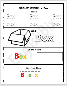 Box Sight Word Printable Worksheet