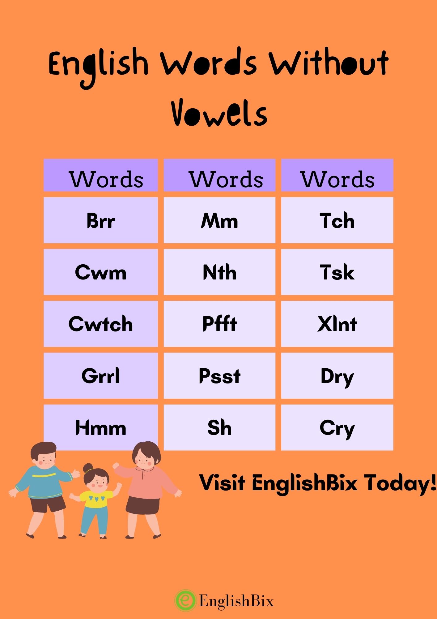 English Words Without Vowels - a e i o u List - EnglishBix