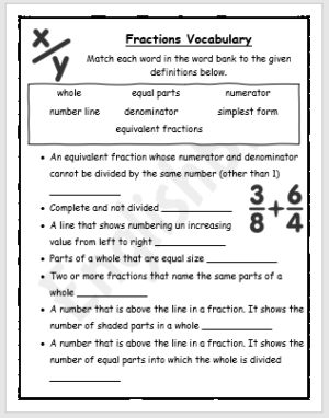 Fractions Vocabulary Worksheet - EnglishBix