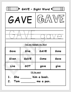 Gave Sight Word Printable Worksheet - EnglishBix