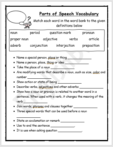 parts of speech vocabulary worksheet englishbix
