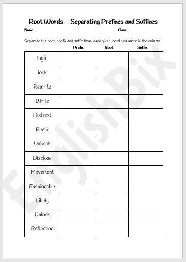 Prefixes Root Words And Suffixes Worksheet