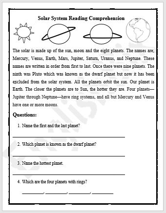 Solar System Reading Comprehension Worksheet - EnglishBix
