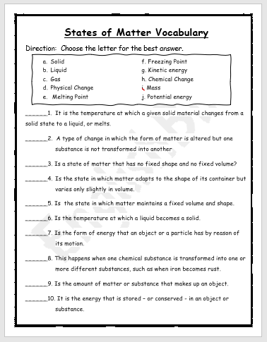 States Of Matter Worksheet Grade 5